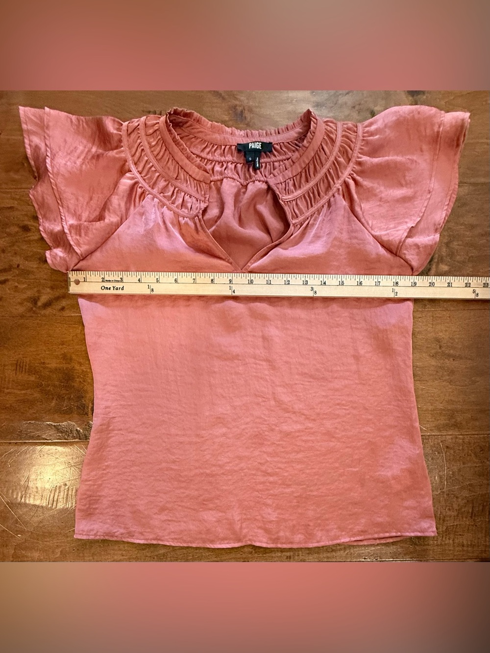 PAIGE Pink Terracotta Satin Finish Flutter Sleeve Top S - Picture 3 of 11